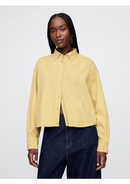 Kadın Sarı Ultrasoft Denim Crop Big Gömlek