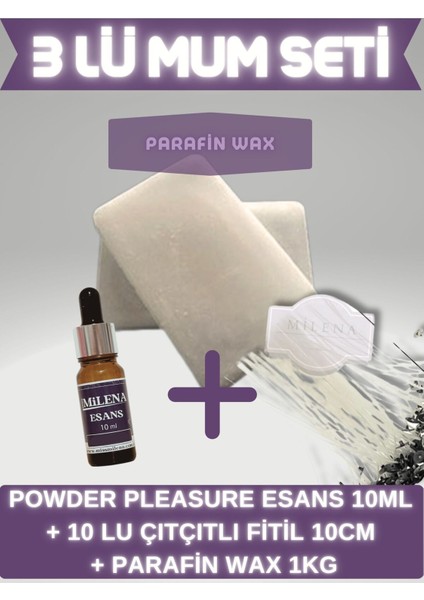 Mum Yapım Seti Parafin Wax 1 kg Powder Pleasure Mum Esansı 10ML 10 Lu Fitil 10CM Mum Yapma Seti