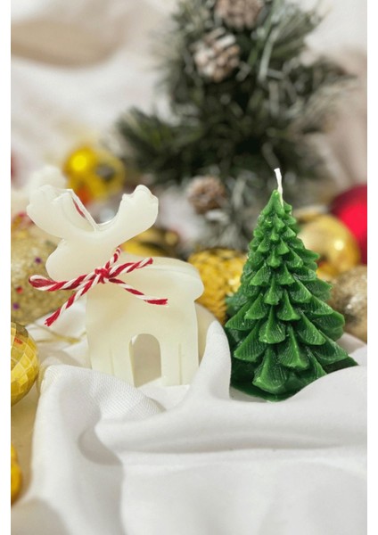 Dekoratif Hediyelik Çam Ağacı ve Geyik Mum Soywax Yeşil Yılbaşı Hediye Pine Tree Candle