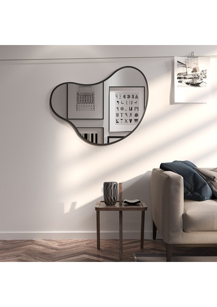 Organik Formlu Duvar Aynası – Modern Siyah Mdf Çerçeveli, Salon ve Banyo Dekor Aynası (AYP197)