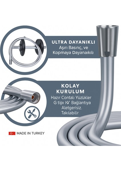 Dayanıklı Gri Silikon Duş Hortumu – Kırılma Karşıtı, Esnek, Sızdırmaz ve Uzun Ömürlü