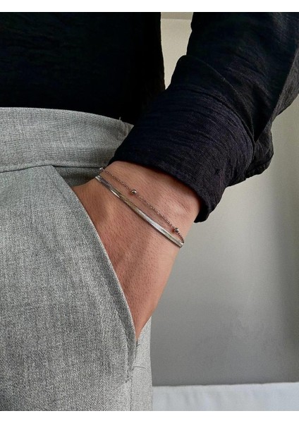 Silver Erkek İkili Zincir Bileklik Kadın Paslanmaz Çelik Renk Atmaz Unısex Kararmaz Çelik Bileklik