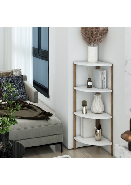 Zümrüt Beyaz 4 Raflı Üçgen Ahşap Köşe Sehpası / Yan Sehpa / Çok Amaçlı Dekoratif Raf