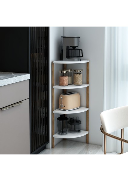 Zümrüt Beyaz 4 Raflı Üçgen Ahşap Köşe Sehpası / Yan Sehpa / Çok Amaçlı Dekoratif Raf modelleri