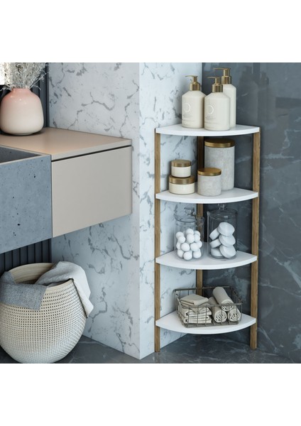 Zümrüt Beyaz 4 Raflı Üçgen Ahşap Köşe Sehpası / Yan Sehpa / Çok Amaçlı Dekoratif Raf