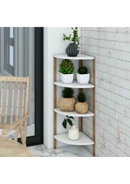 Zümrüt Beyaz 4 Raflı Üçgen Ahşap Köşe Sehpası / Yan Sehpa / Çok Amaçlı Dekoratif Raf