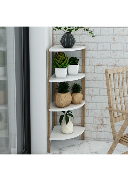 Zümrüt Beyaz 4 Raflı Üçgen Ahşap Köşe Sehpası / Yan Sehpa / Çok Amaçlı Dekoratif Raf