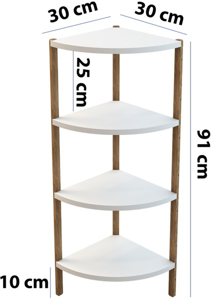 Zümrüt Beyaz 4 Raflı Üçgen Ahşap Köşe Sehpası / Yan Sehpa / Çok Amaçlı Dekoratif Raf