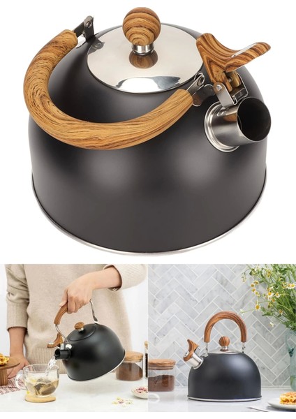 Düdüklü Çaydanlık Ahşap Iskandinav Su Isıtıcı Islık Çalan Çaydanlık Kettle Demlik Çay Potu 2 Litre