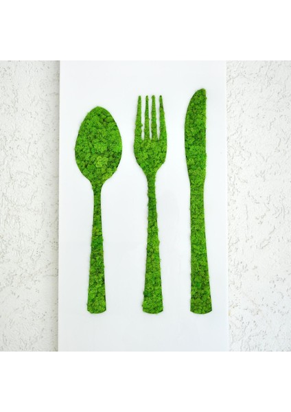 Mutfak Temalı Yosun Duvar Dekoru | 40X90 cm | Çatal Bıçak Figürlü Beyaz Pleksi Üzerine Doğal Yosun Tablo | Bakım Gerektirmez modelleri