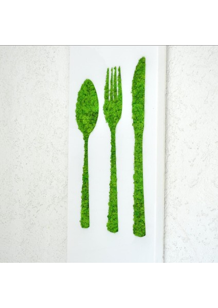 Mutfak Temalı Yosun Duvar Dekoru | 40X90 cm | Çatal Bıçak Figürlü Beyaz Pleksi Üzerine Doğal Yosun Tablo | Bakım Gerektirmez fırsatları