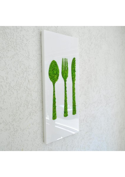 Mutfak Temalı Yosun Duvar Dekoru | 40X90 cm | Çatal Bıçak Figürlü Beyaz Pleksi Üzerine Doğal Yosun Tablo | Bakım Gerektirmez