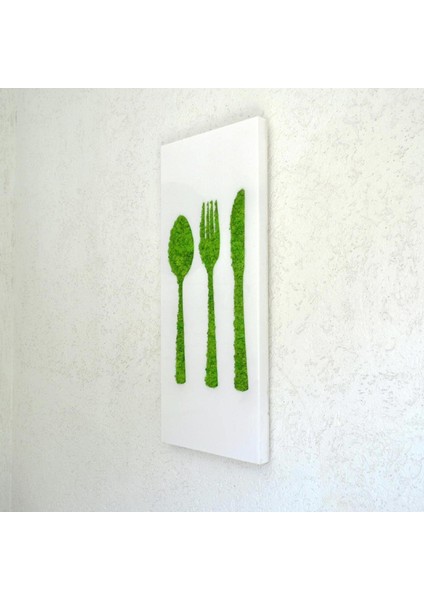 Mutfak Temalı Yosun Duvar Dekoru | 40X90 cm | Çatal Bıçak Figürlü Beyaz Pleksi Üzerine Doğal Yosun Tablo | Bakım Gerektirmez