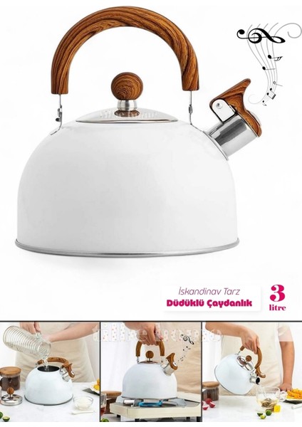 3 Litre Düdüklü Çaydanlık Iskandinav Ahşap Su Isıtıcı Islık Çalan Çaydanlık Kettle Demlik Çay Potu