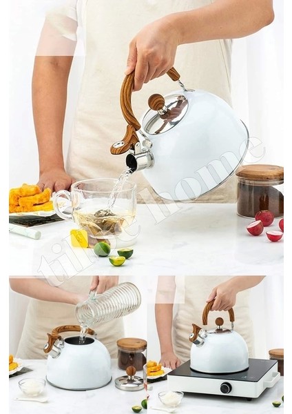 3 Litre Düdüklü Çaydanlık Iskandinav Ahşap Su Isıtıcı Islık Çalan Çaydanlık Kettle Demlik Çay Potu