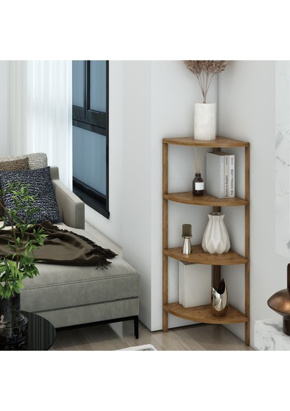 Zümrüt Atlantik Çam 4 Raflı Üçgen Ahşap Köşe Sehpası / Yan Sehpa / Çok Amaçlı Dekoratif Raf