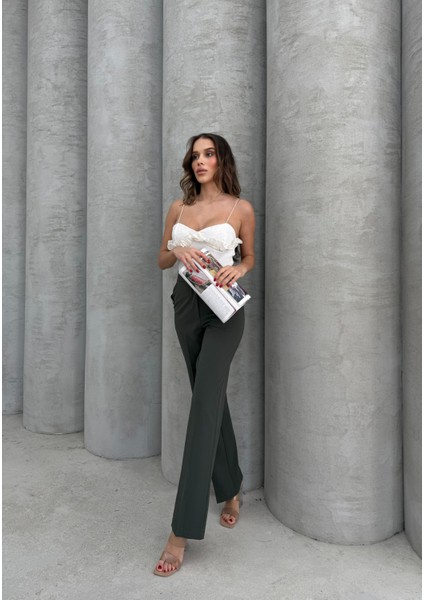 Haki Cep Düğme Detaylı Pantolon