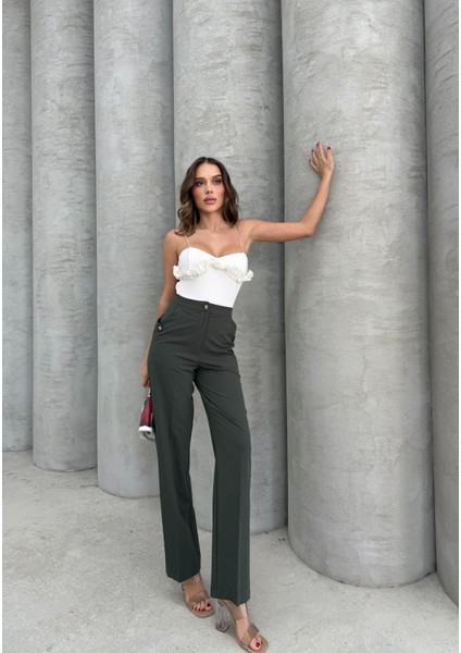 Haki Cep Düğme Detaylı Pantolon modelleri