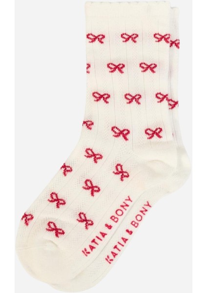 Kız Çocuk Kurdele Desenli Soket Çorap Ekru