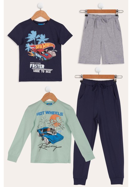 4'lü Hot Wheels Baskılı Tshirt Şort Pantolon Takım