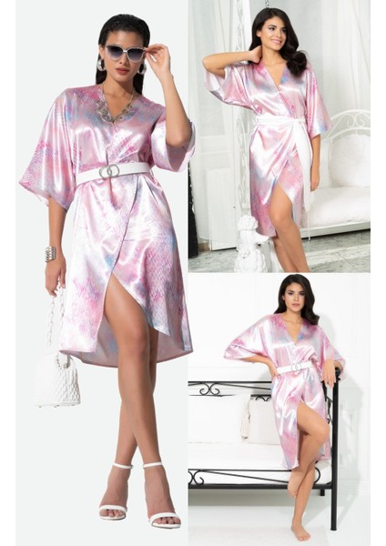 V Yaka Yılan Desen Kemerli Pembe Sabahlık Elbise S27032