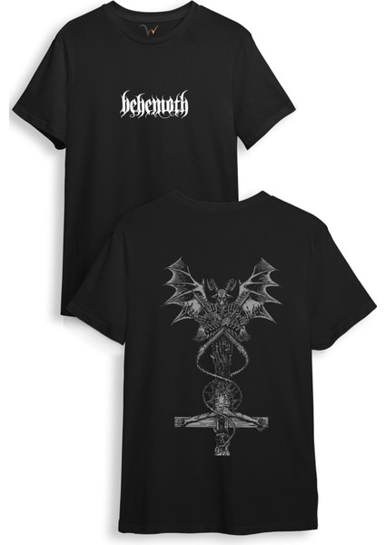 Unisex Streetwear Behemoth Ön Arka Baskılı Şık Tasarımlı %100 Pamuk Bisiklet Yaka T-Shirt