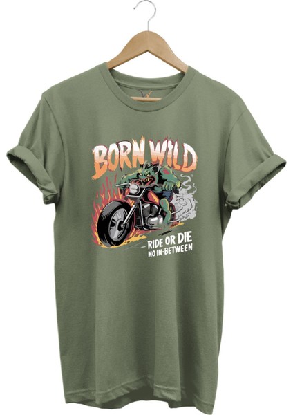 Motorsiklet Born Wild Ride Or Die Baskılı Kuru Kafa %100 Pamuk Regular Fit Bisiklet Yaka T-Shirt