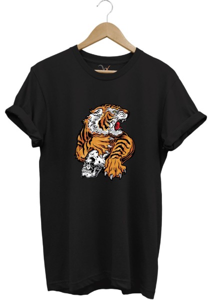 Vahşi Kaplan Tasarım ve Kuru Kafa Baskılı %100 Pamuk Regular Fit Bisiklet Yaka T-Shirt