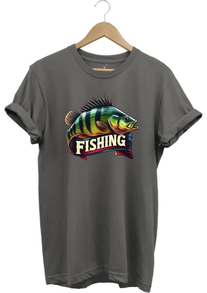 Fishing Balıkçılık Baskılı Levrek Balığı %100 Pamuk Regular Fit Bisiklet Yaka T-Shirt