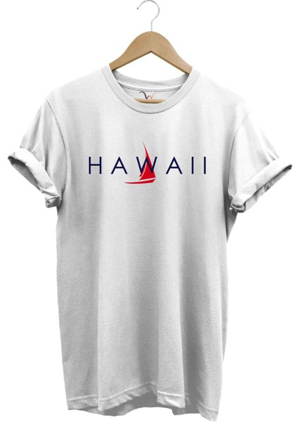 Yaz Deniz Hawaii Yazı Baskılı Tekne %100 Pamuk Regular Fit Bisiklet Yaka T-Shirt