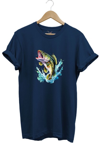 Fishing Balıkçılık Levrek Balığı Deniz Baskılı %100 Pamuk Regular Fit Bisiklet Yaka T-Shirt