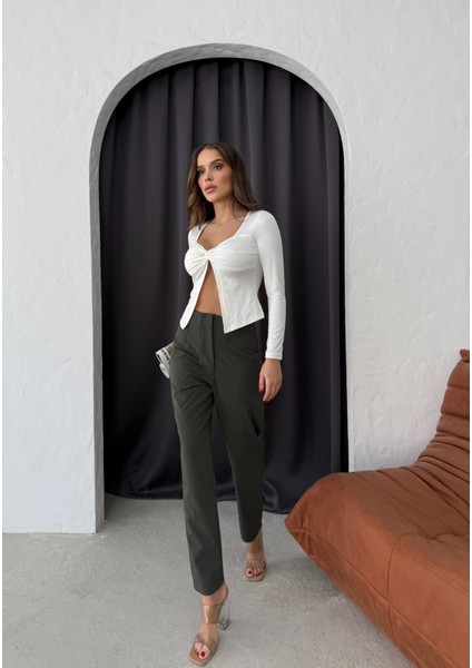 Haki Yüksek Bel Pens Detaylı Pantolon