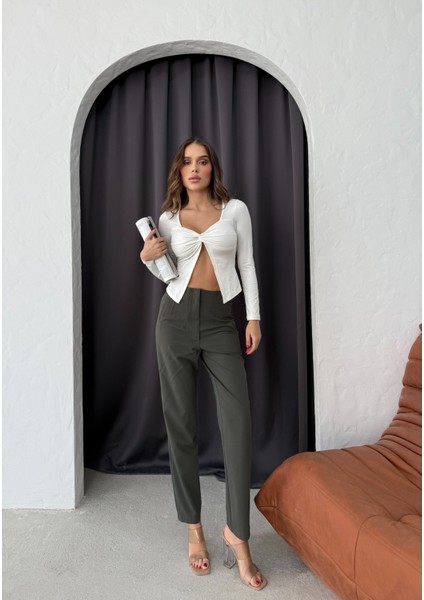 Haki Yüksek Bel Pens Detaylı Pantolon fiyatları