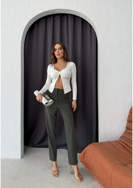 Haki Yüksek Bel Pens Detaylı Pantolon modelleri