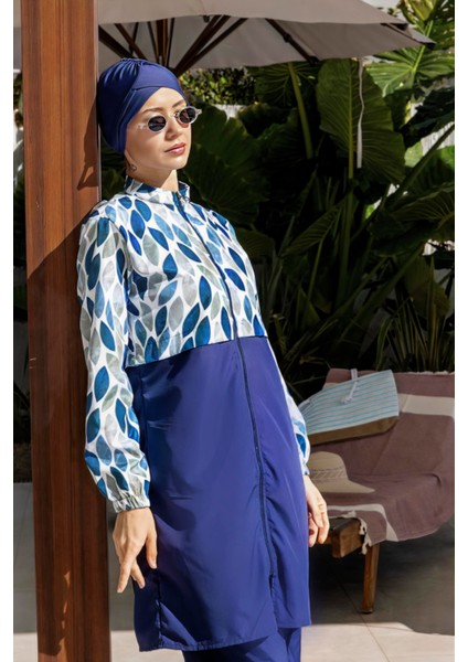 Tam Kapalı Paraşüt Kumaş Crop Model Damla Desenli Tesettür Mayo - 2527