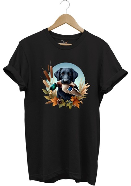 Avcılık Widi Hunting Ördek Avı ve Av Köpeği Baskılı %100 Pamuk Regular Fit Bisiklet Yaka T-Shirt
