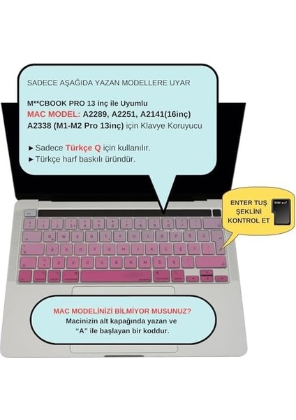 Macbook Pro Klavye Kılıfı 13 Inç M1-M2, (Türkçe Q) A2338 A2289 A2251 A2141 ile Uyumlu Gradient Pembe fiyatları