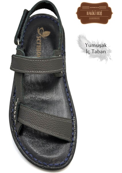 Hakiki Gerçek Deri Cırtlı Erkek Sandalet Şırıngıl Füme