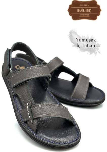 Hakiki Gerçek Deri Cırtlı Erkek Sandalet Şırıngıl Füme modelleri