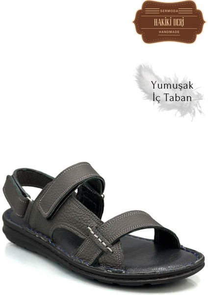 Hakiki Gerçek Deri Cırtlı Erkek Sandalet Şırıngıl Füme