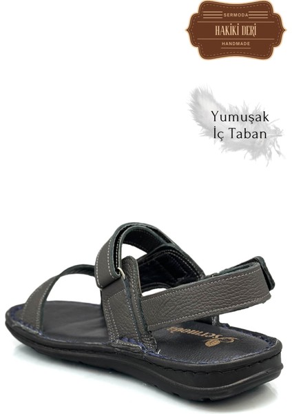 Hakiki Gerçek Deri Cırtlı Erkek Sandalet Şırıngıl Füme