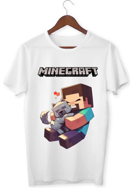 Mınecraft Çocuk Yetişkin Beyaz T-Shirt Steve Unisex Çocuk Tişört