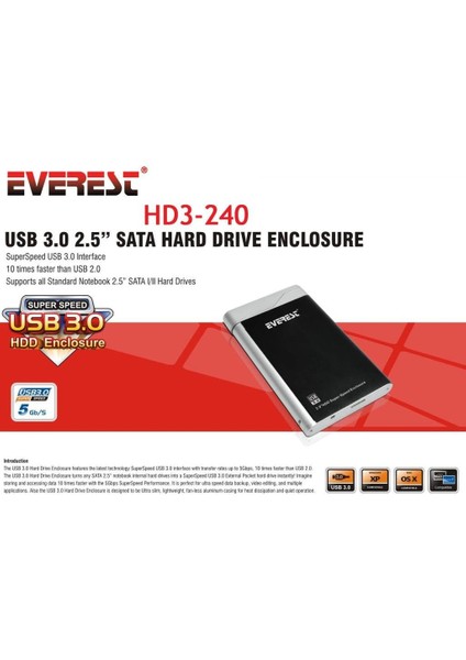 HD3-240 Harici 2.5" USB 3.0 HDD Kutusu Siyah