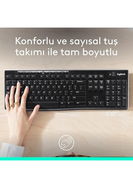 K270 Kablosuz Klavye, Tuş Takımı, Sıvı Dökülmesine Dayanıklı, 10 M Kullanım Mesafesi, Türkçe Q Klavye, Siyah modelleri