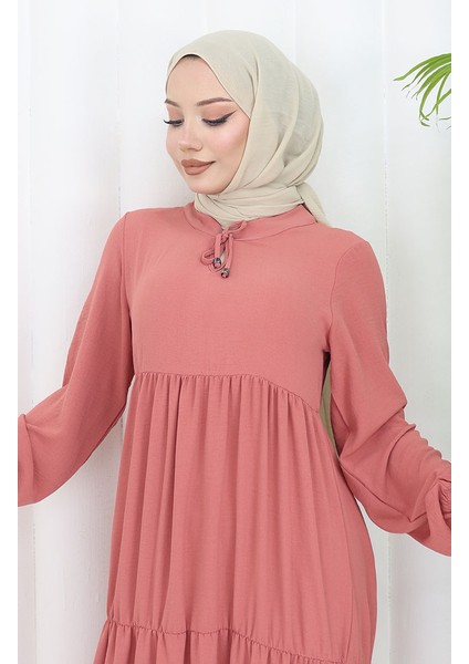 Inci Ayrobin Farbalı Kolları Lastikli Elbise 4909-09 Pudra modelleri