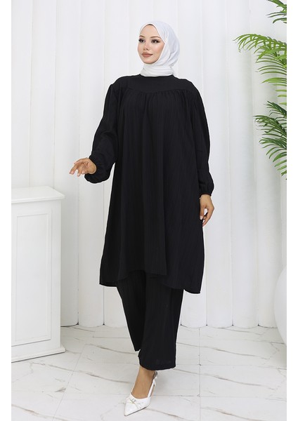 Büzgülü Tunik Pantolon Ikili Takım 2089-01 Siyah