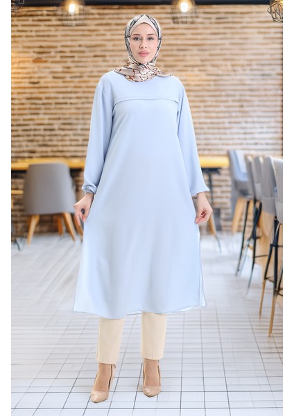 Yandan Yırtmaçlı Uzun Tunik 4104-01 Buz Mavisi modelleri