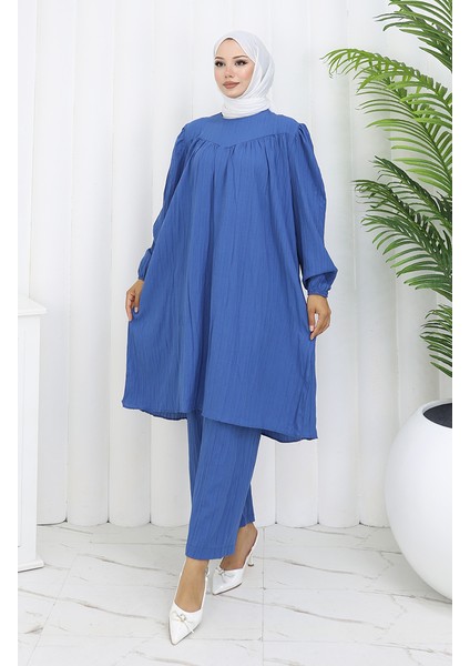 Büzgülü Tunik Pantolon Ikili Takım 2089-05 Indigo