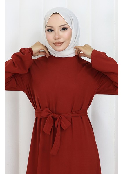 Eteği Fırfırlı Kuşaklı Elbise 4103-02 Kırmızı modelleri