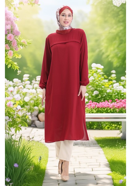Yandan Yırtmaçlı Uzun Tunik 4104-06 Bordo modelleri